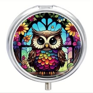 Colorful Owl in Window with Florals  3 Compartment Pill Box Travel friendly